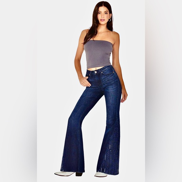 Shyanne Embroidered Tailorless High Rise Stretch Western Flare Jean in Blue, 28 - Picture 7 of 9